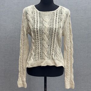 Garnet Hill Linen Blend Cable Knit Scoop Neck Sweater Cream Size Small